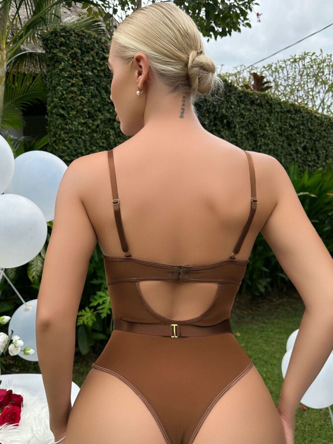 2-Piece Coffee Brown Underwear Bodysuit With Pair Of Stocking