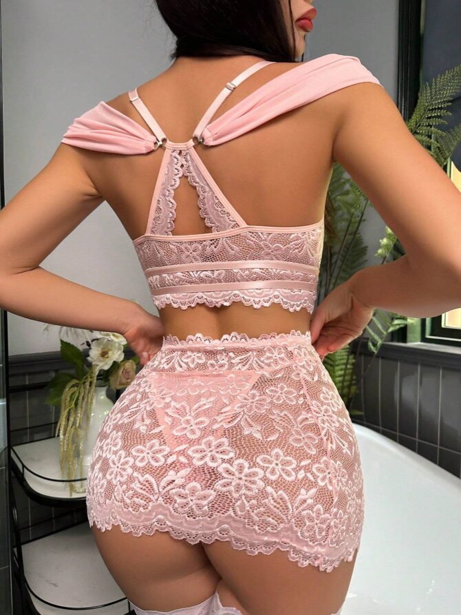 5 pièces Ensemble De Lingerie En Dentelle Rose Bonbon